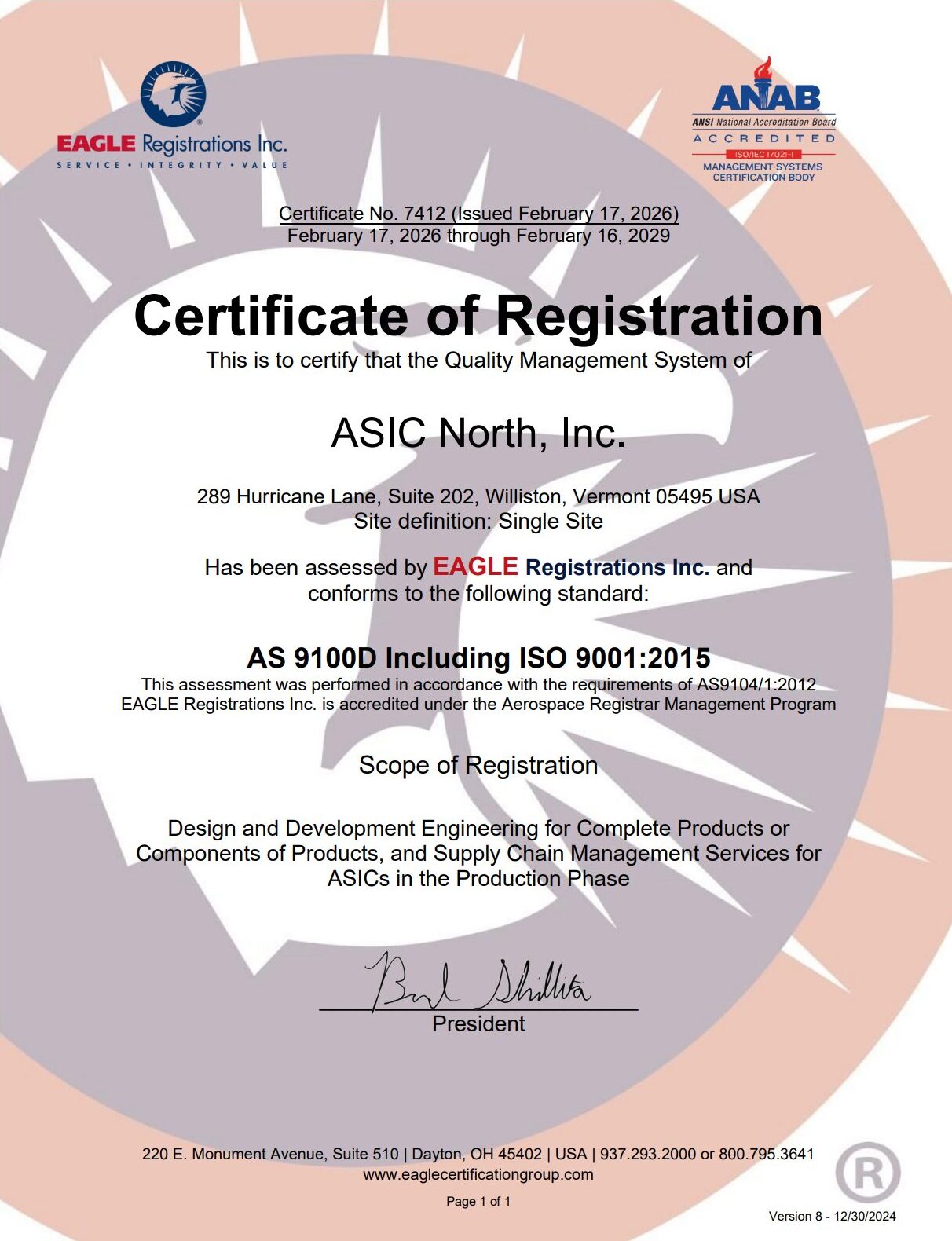 ASIC North AS9100D ISO 9001:2015 Certificate issued by Eagle Registrations